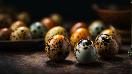 Easter quail eggs on a wooden table. Selective focus.の素材