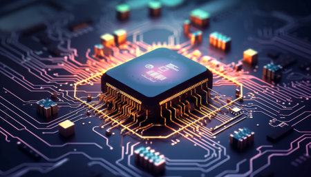 Close-up view of electronic circuit board with processor. 3D renderingの素材