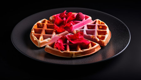 Belgian waffles with raspberry and rose petals on black plateの素材