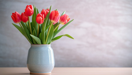 Bouquet of red tulips in vase on wooden tableの素材