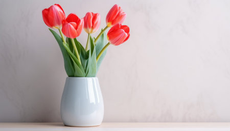 Bouquet of red tulips in a vase on a light background