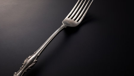 Old silver fork on a black background. Selective focus. Toned.の素材