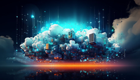 Cloud computing technology concept. 3d rendering toned image double exposureの素材