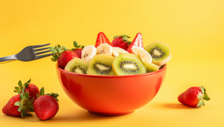 Fruit salad with strawberries, bananas and kiwi on yellow backgroundの素材