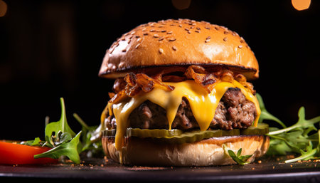 Cheese burger - American cheese burger with fresh salad on black backgroundの素材
