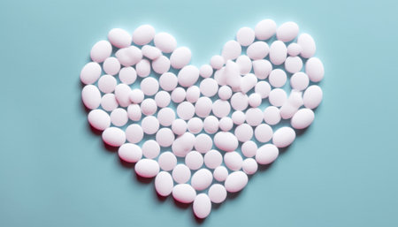 Heart shape made of white pills on blue background. Top view.の素材