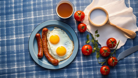 Breakfast with fried eggs, sausages and tomatoes on blue tableclothの素材