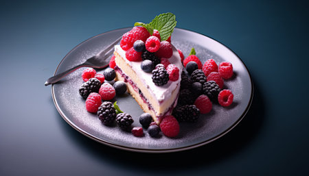 Delicious cheesecake with fresh berries on a dark blue background.の素材
