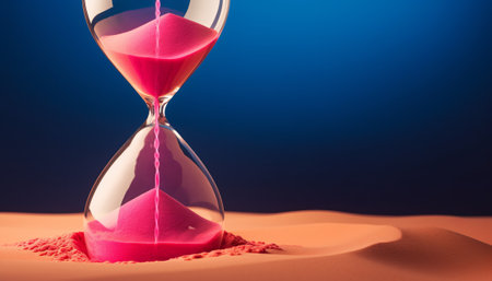 Hourglass in sand desert on blue background. Time management concept.の素材