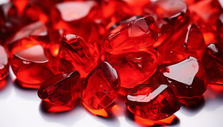 Red heart-shaped candies on a white background. Valentine's Day.の素材