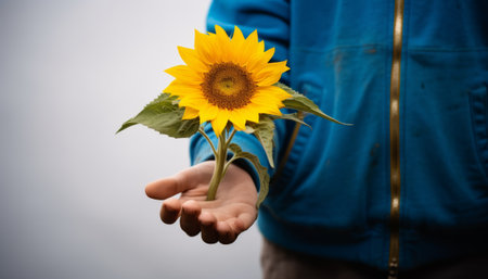 Sunflower in a hand of a man on a gray background.の素材