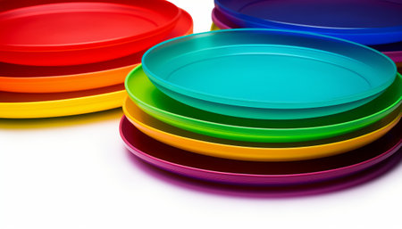 Colorful plastic plates isolated on white background. Close-up.の素材