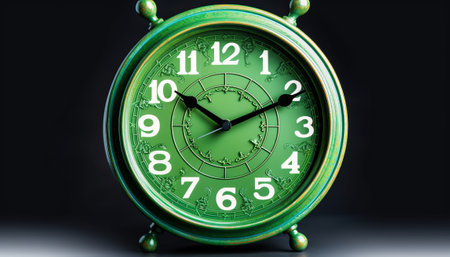 Green alarm clock on black background. Time concept. 3D Renderingの素材