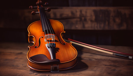 Violin on a wooden background. Violin in the dark.の素材