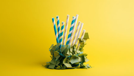 Crumpled paper with a colorful straws on a yellow backgroundの素材