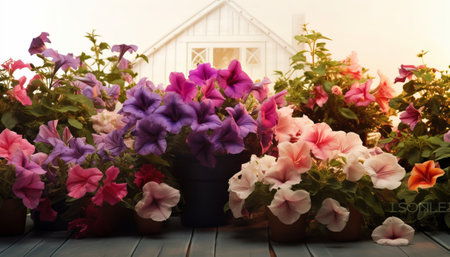 Colorful petunia flowers in pots on wooden table with white house backgroundの素材