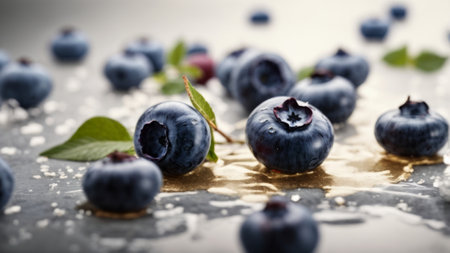 Fresh blueberries with leaves on a rustic wooden table. Selective focus.の素材