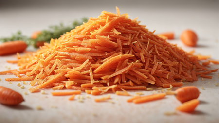 Grated carrots with thyme on baking paper, closeup viewの素材