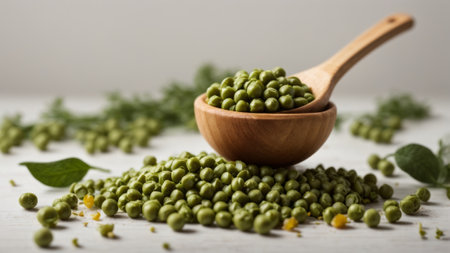 green peas in a wooden spoon on a white wooden table, selective focusの素材