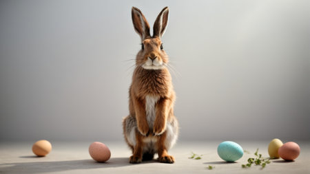 Easter bunny and colored eggs on grey background. Studio shot.の素材