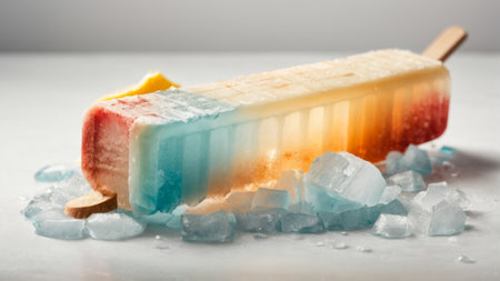 ice cream popsicles on a wooden stick with ice cubes on a white backgroundの素材