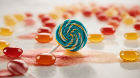 Colorful candies and lollipops on a white backgroundの素材