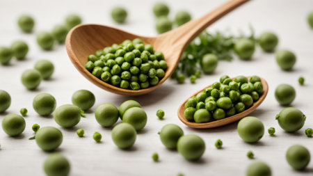 Green peas in a wooden spoon on a white wooden table. Selective focus.の素材
