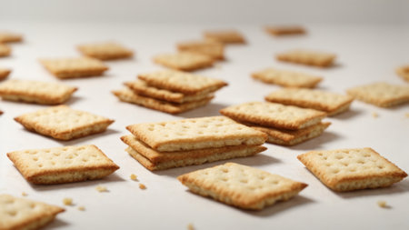 Crackers on a white background. Shallow depth of field.の素材