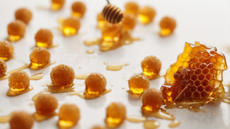 Honey dripping from a honey dipper on a white background.の素材