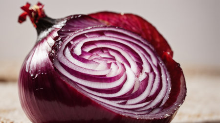 Sliced red onion on wooden cutting board. Selective focus.の素材