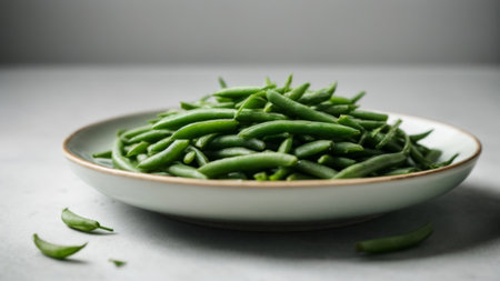Green beans in a plate on a white table. Selective focus.の素材