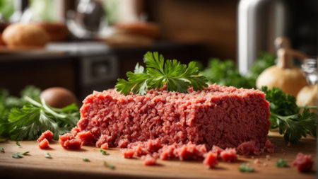 minced meat with parsley and dill on wooden cutting boardの素材