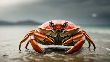 Close up of a red rock crab on the beach in the eveningの素材