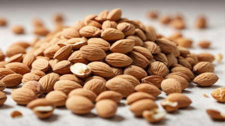 Close up of a heap of almond nuts on a white background.の素材