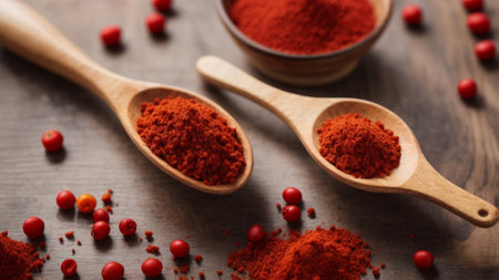 Paprika powder in wooden spoons on wooden table, closeupの素材