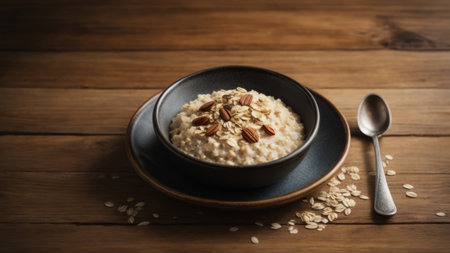Oatmeal porridge with almonds in a bowl on a wooden tableの素材