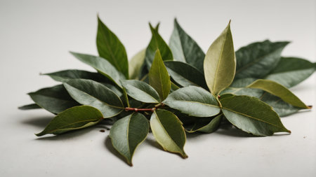 Bay leaves on a white background. Culinary herbs for cooking.の素材