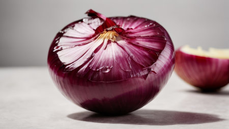 Red onion on a gray background. Shallow depth of field.の素材