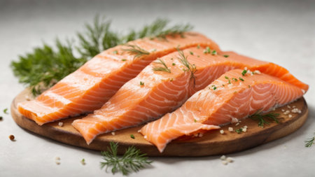 Fresh salmon fillet with dill on wooden board, closeupの素材