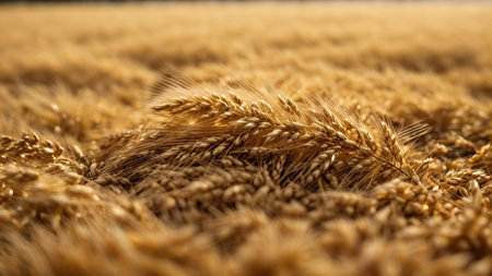 Ears of wheat close-up. Whole grain ready for harvest.の素材