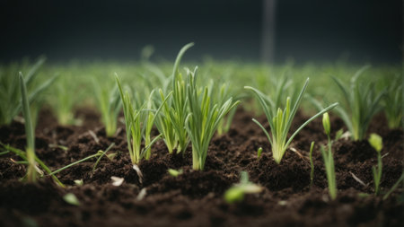 Green onion seedlings growing in vegetable garden - selective focus, vintage filterの素材