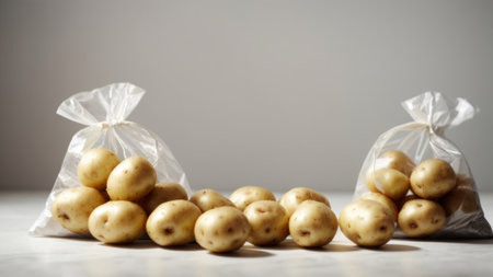 Potatoes in a plastic bag on a light background. Selective focus.の素材