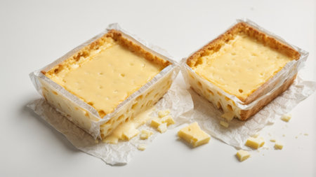 A piece of cheese tart in a plastic box on white background.の素材