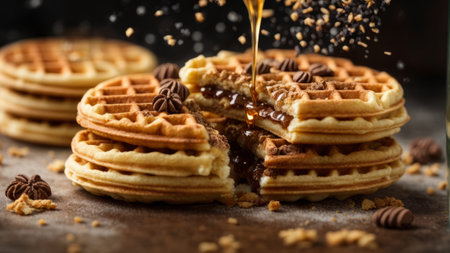 Belgian waffles with chocolate and caramel on a wooden background.の素材