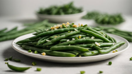 Green beans on a white plate on a light background. Close-up.の素材