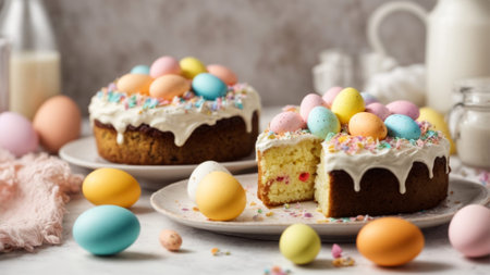 Easter cake with colorful eggs and milk on a light background.の素材