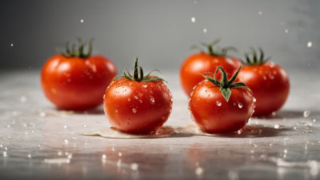 Fresh cherry tomatoes on a wooden table with drops of water falling downの素材