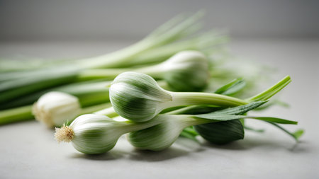 bunch of spring onions on a white background, close-upの素材
