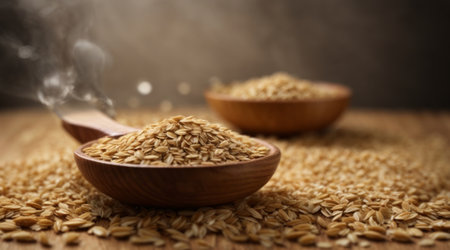 Wheat grains in wooden spoon and bowl on wooden table, closeupの素材