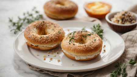 Plate with tasty bagels on white marble table, closeupの素材